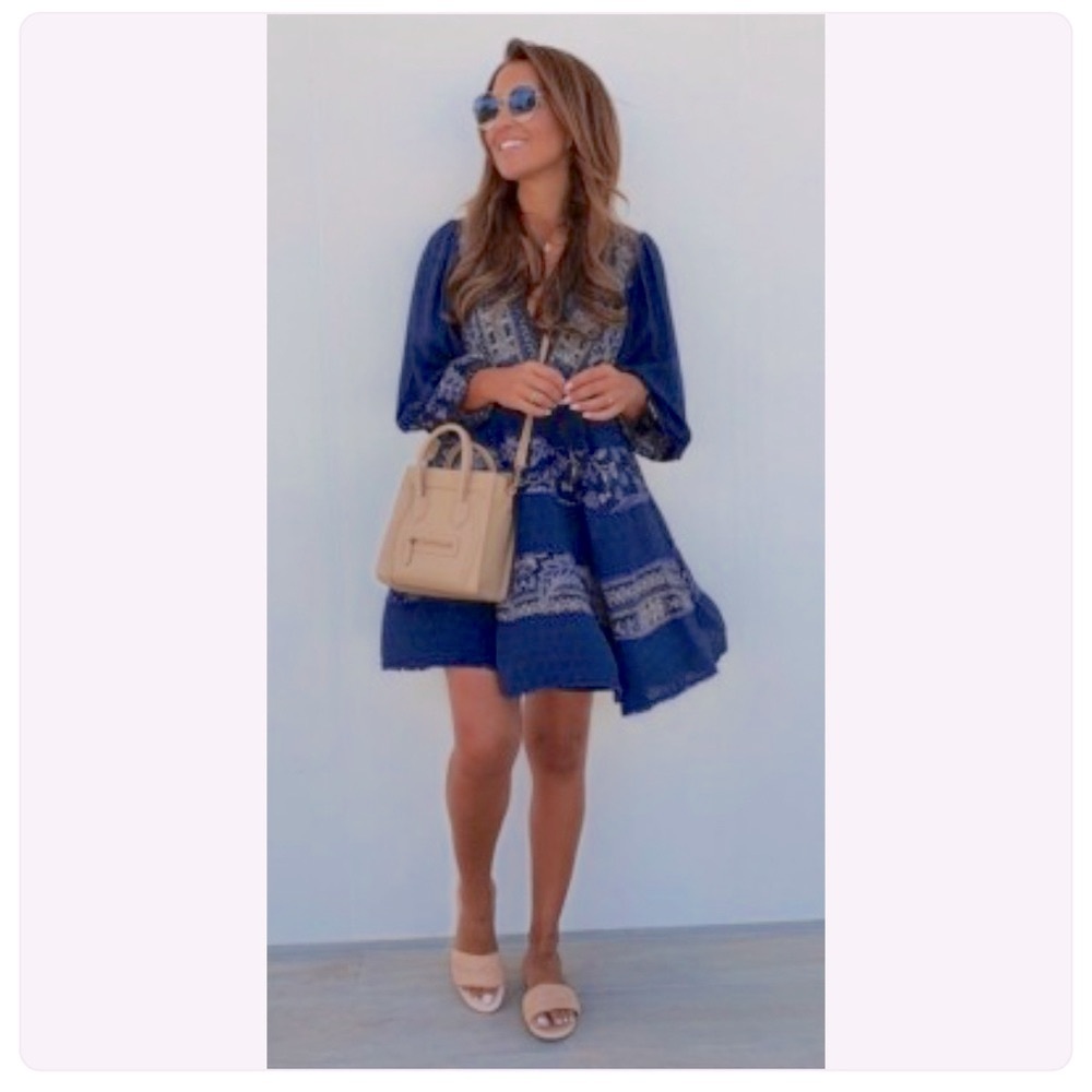 Free People My Love Mini Boho 3/4 blouson sleeve, Indigo Blue, Pompom trim Dress